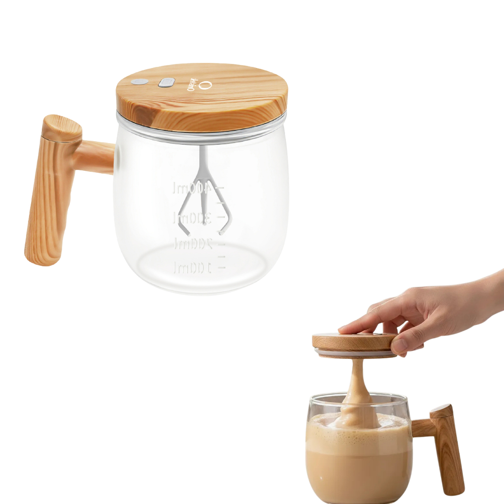 Copo Misturador Automático Portátil 400ml Elétrico Marrom Vidro Saudável  Design Madeira/Nórdico
