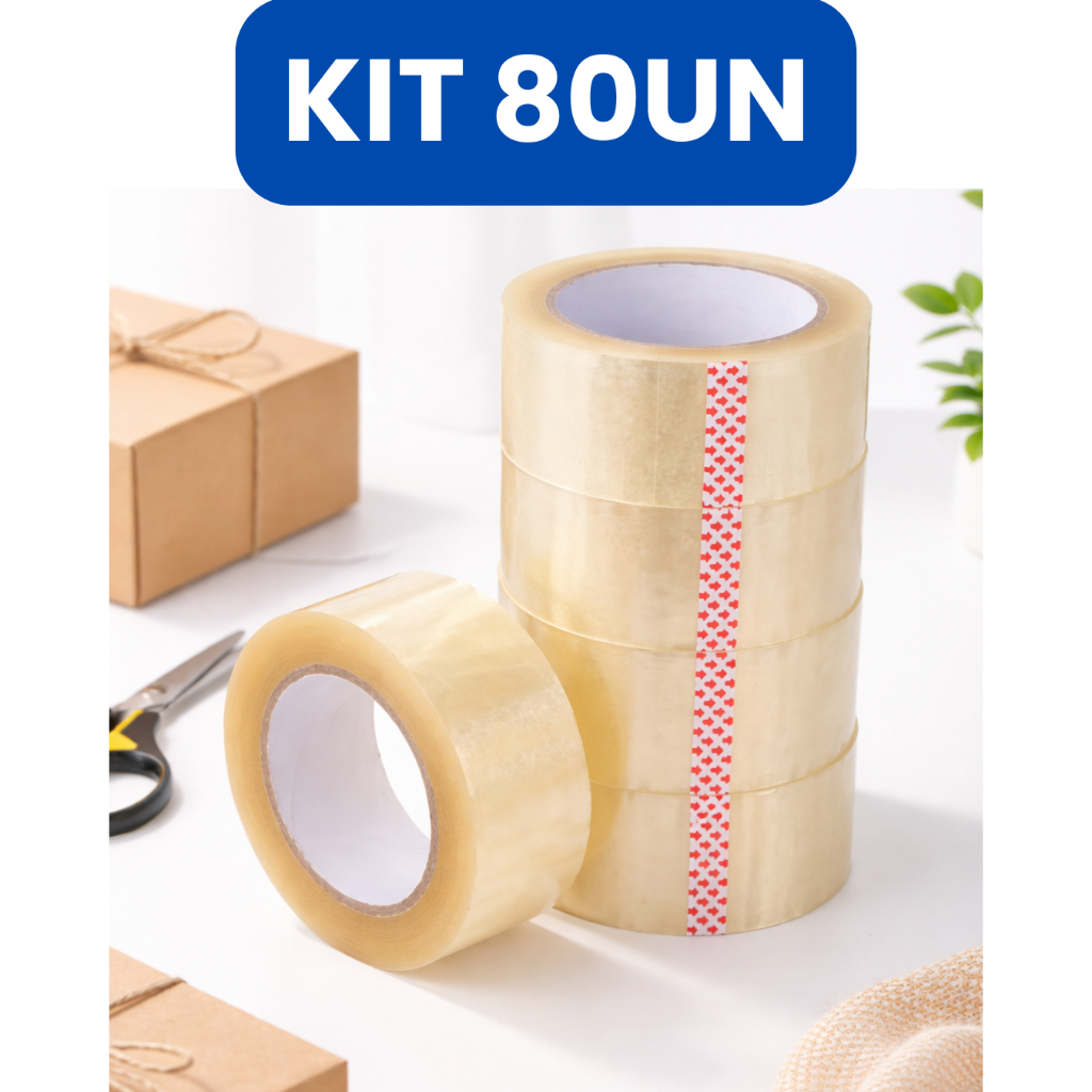 Kit 80 Fitas Adesivas 45mm x100 metros Transparente Forte Para Embalar