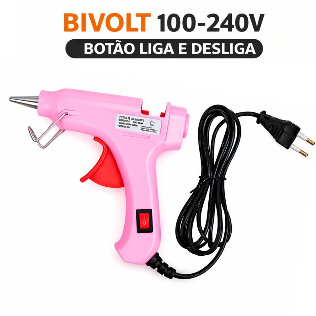 Pistola Bivolt Cola Quente Profissional Artesanato Escolar  Escritório Bivolt Botão Liga e Desliga ROSA