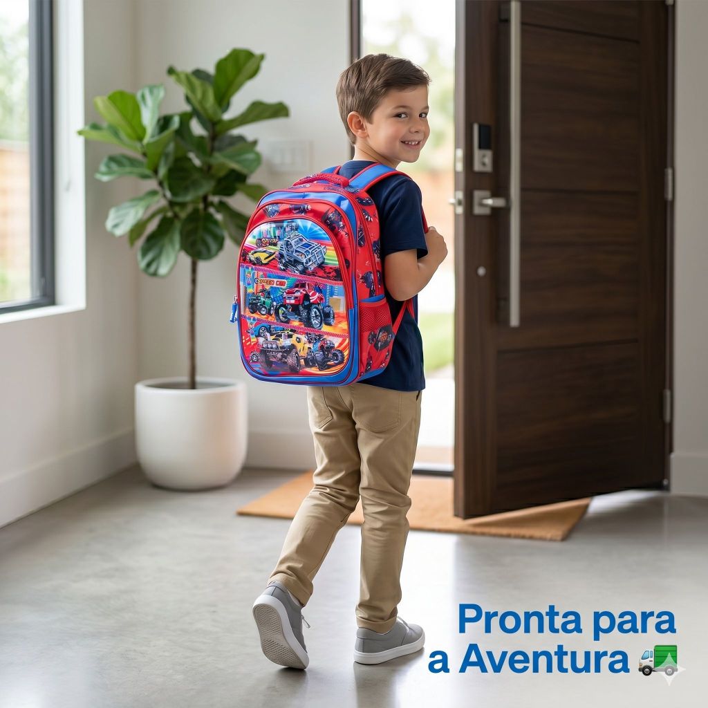 Mochila Infantil Masculina Moto Corrida Vermelha Grande Impermeável | Mochila Escolar Menino 40cm Resistente