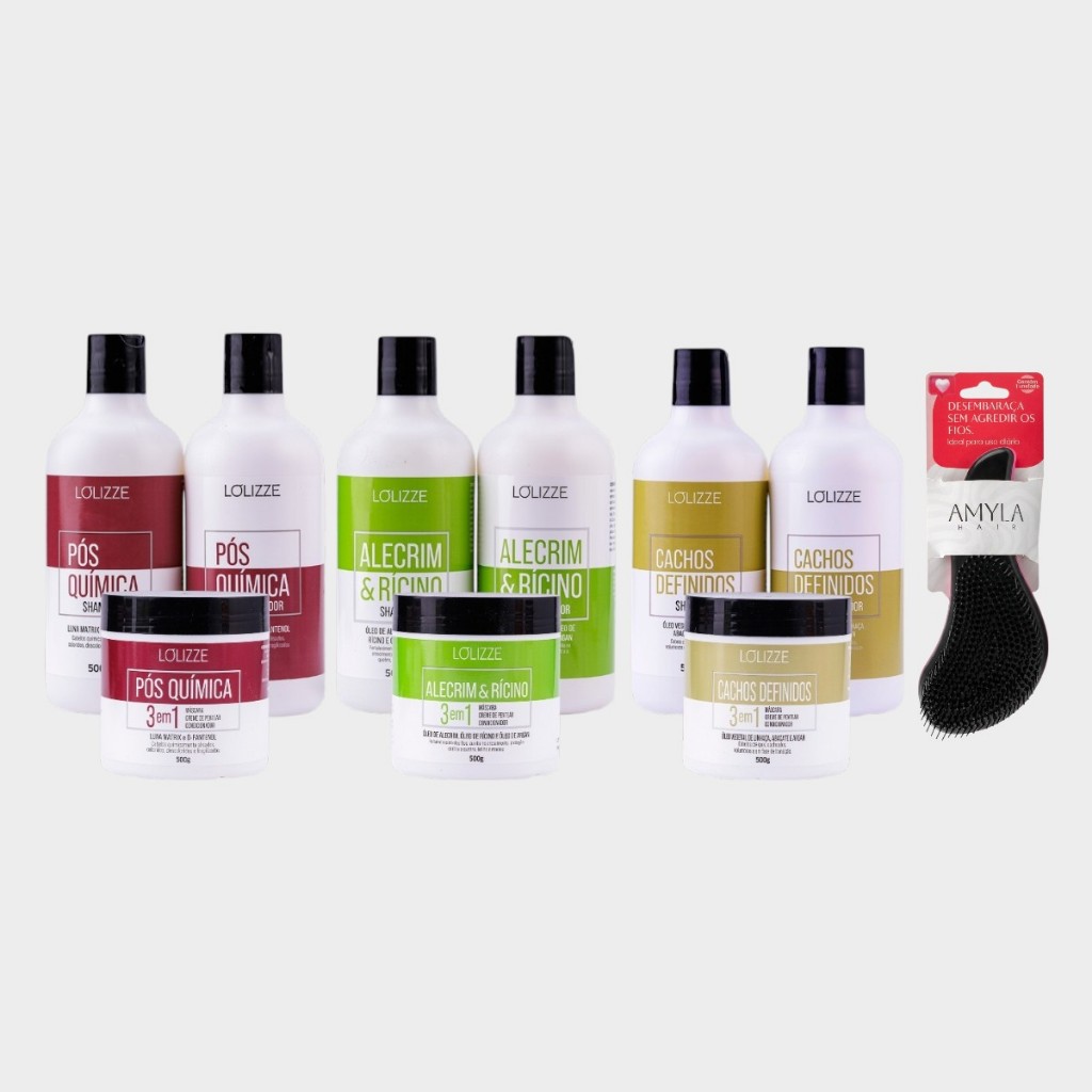 Combo C/3 Kit Shampoo + Condicionador + Máscara 500ml + Escova/Alecrim, Pós Quimica e Cachos - Lolizze