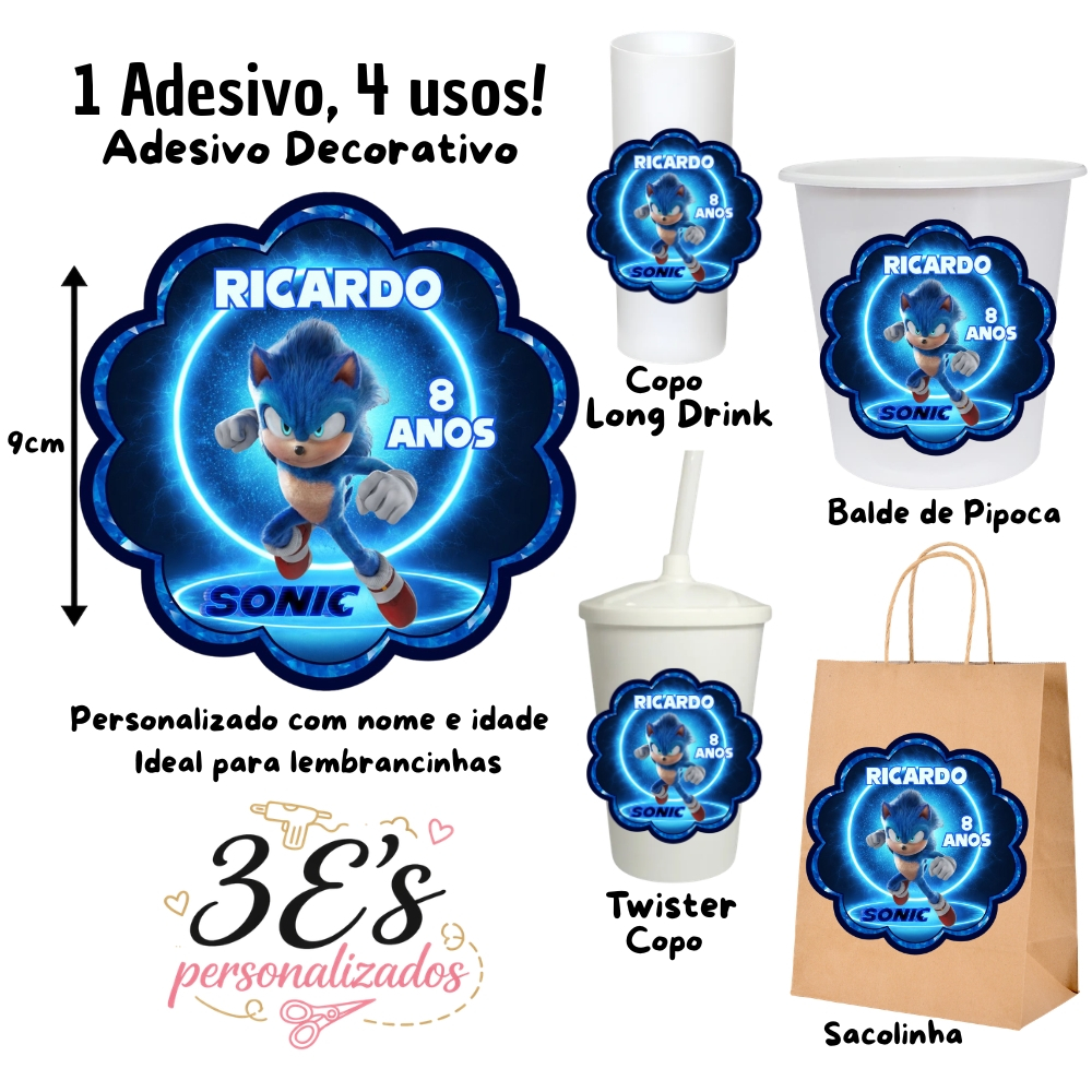 Sonic Adesivos Personalizados Sacolinhas Balde de Pipoca Copo Twister Copo Long Drink