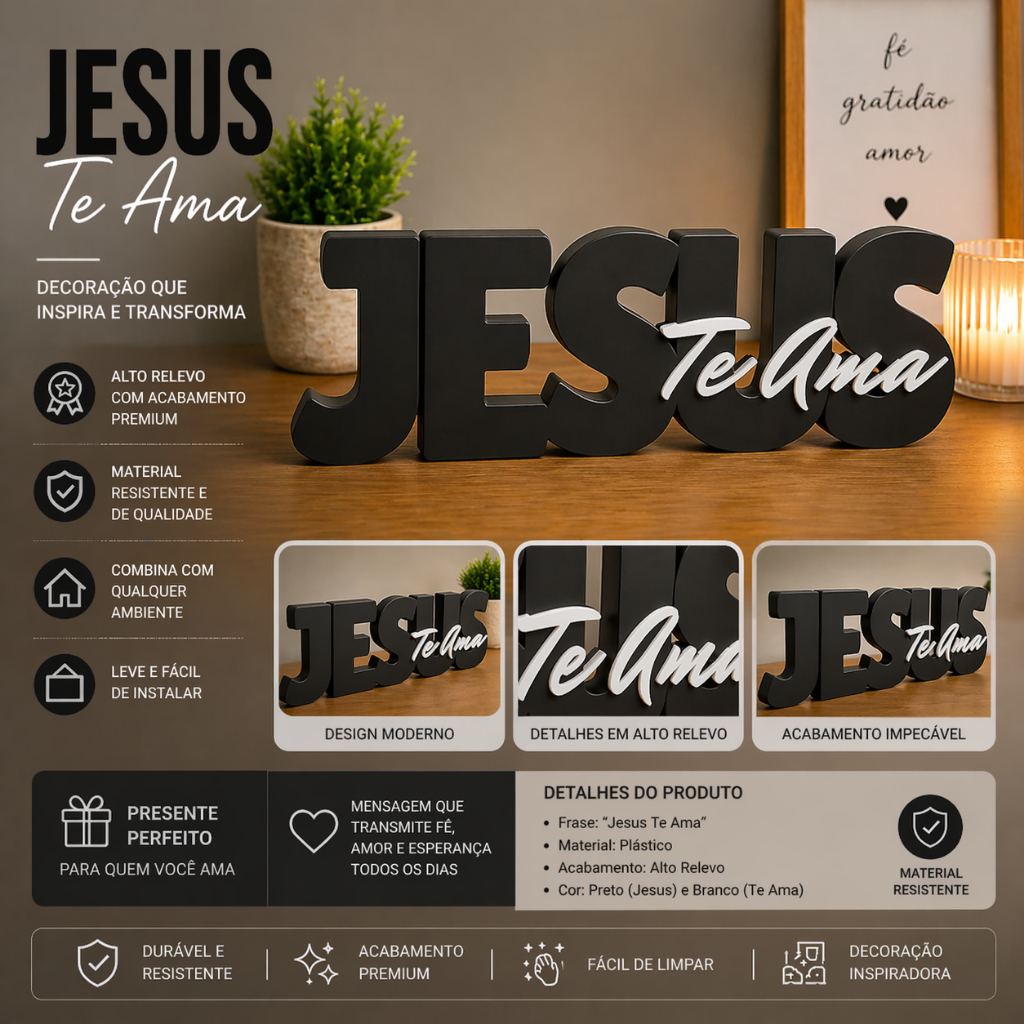 Placa Decorativa Jesus Te Ama Alto Relevo | Quadro Religioso Moderno Decoração Cristã