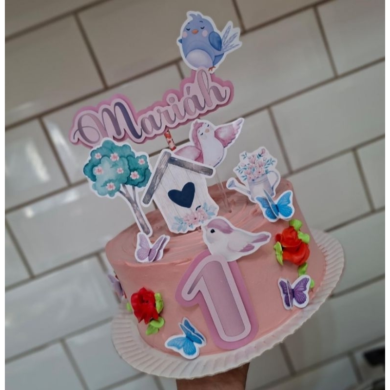 Topo Topper bolo personalizado festa jardim encantado aquarela passaros