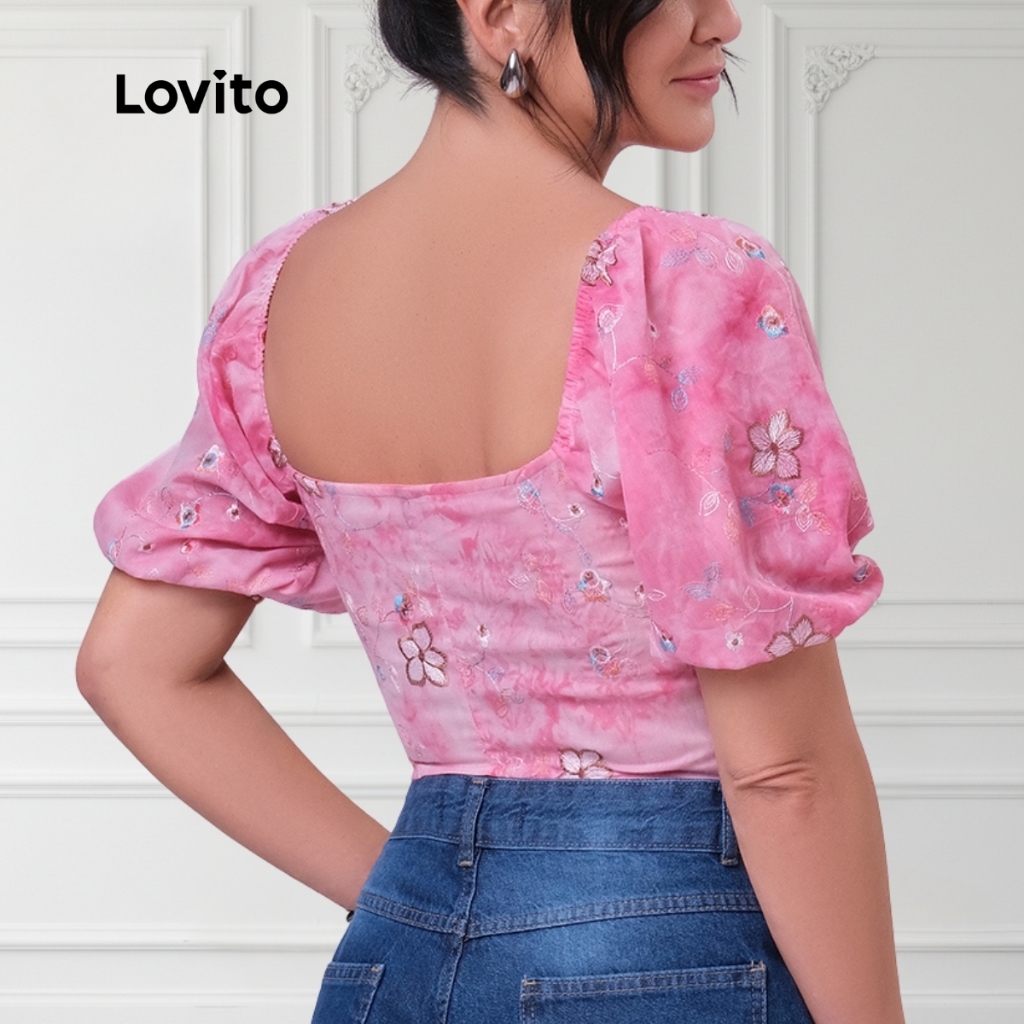 Lovito Blusa Manga Bufante Laise Moda Floral Feminina BRBLB278BRL307