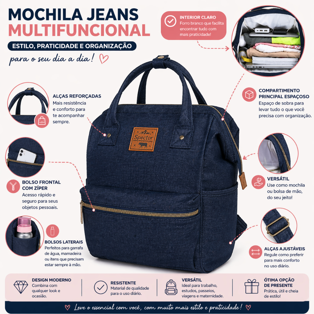 Mochila Feminina Jeans Multifuncional Bolsa Maternidade Moderna com Zíper e Alça Reforçada