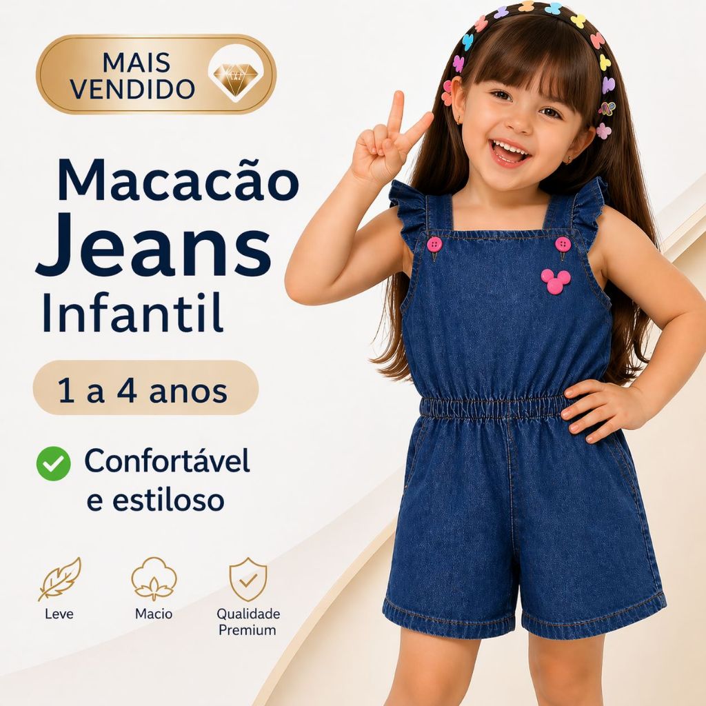 Macacão Jeans Infantil Feminino 1 a 4 Anos Jardineira Kids Com Elástico na Cintura Confortável