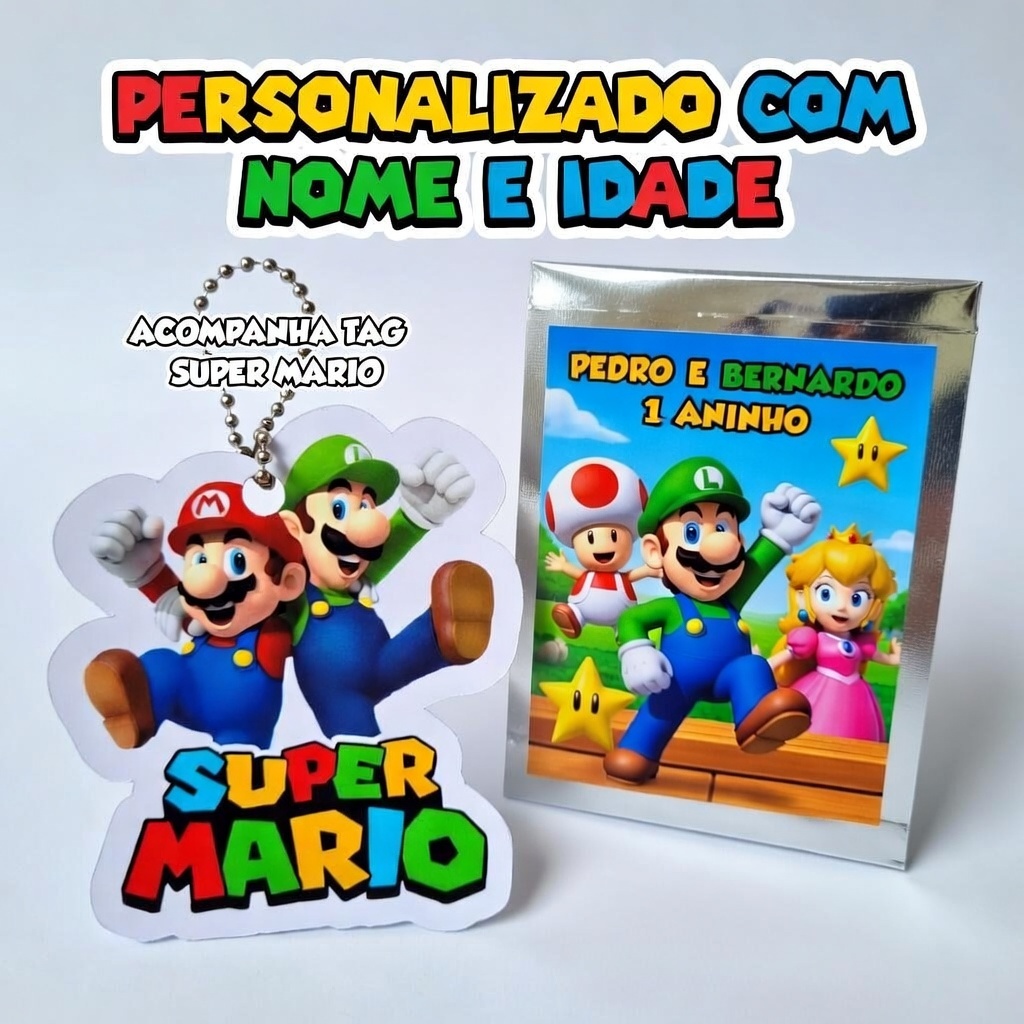Super Mário Bros Saquinho Metalizado Zip Loc Personalizado c/Nome e Idade/Lembrancinha/Festa Infantil/Aniversário/Kit