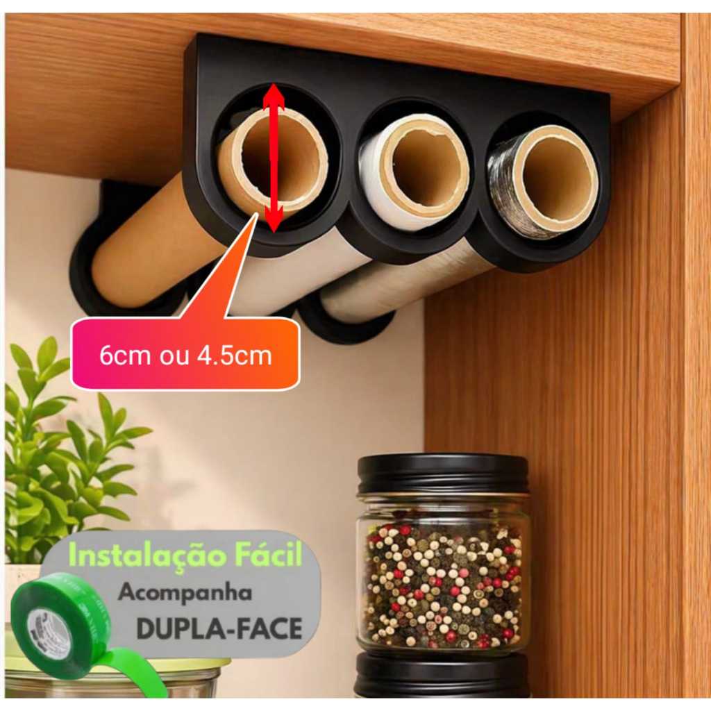 Suporte para rolos de plastico filme - Filme PVC papel manteiga - papel aluminio - suporte para armarios E Cozinha