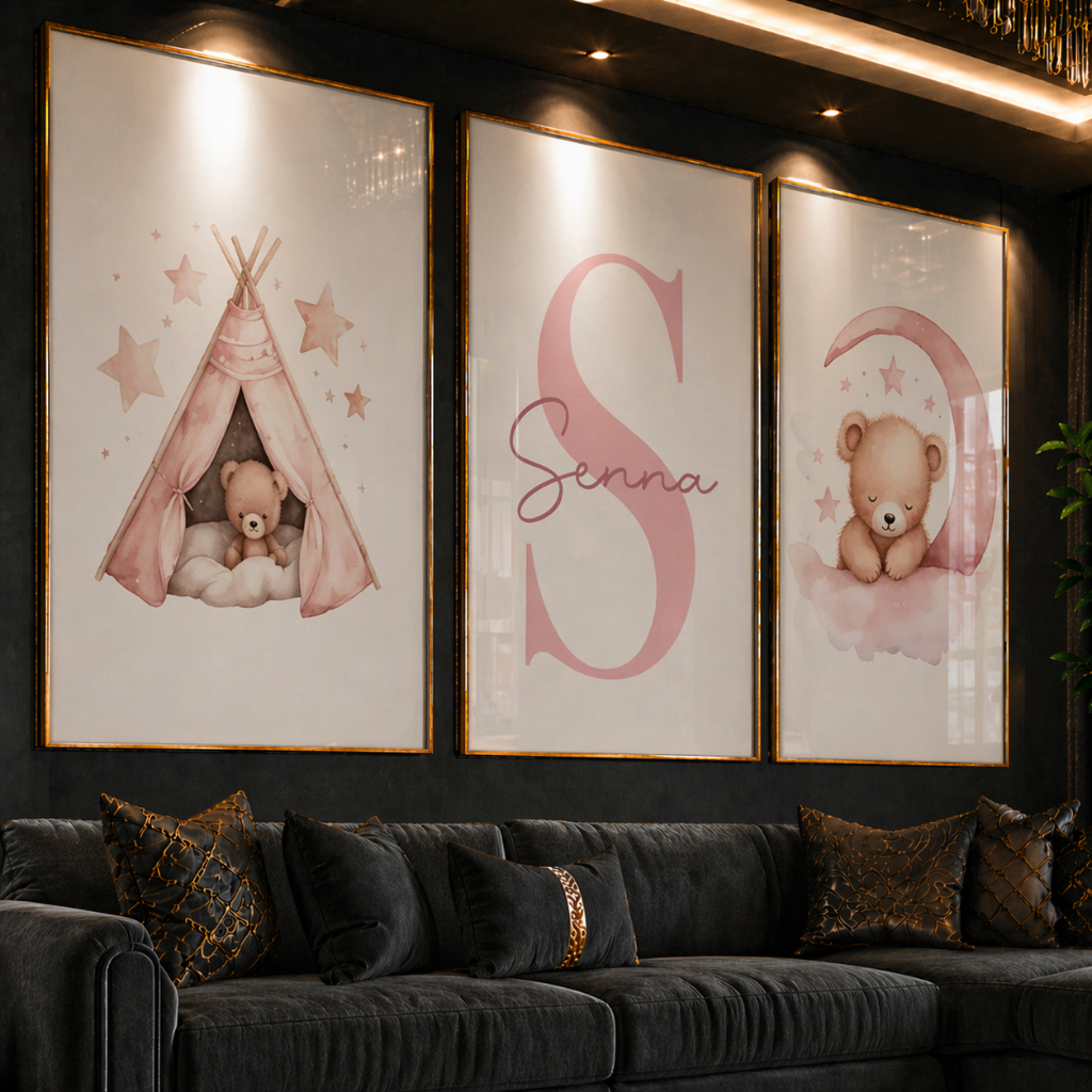 Quadro Decorativo Nome Personalizado Criança Baby Menina, Decoração de Casa com um Urso Rosa 3 peças