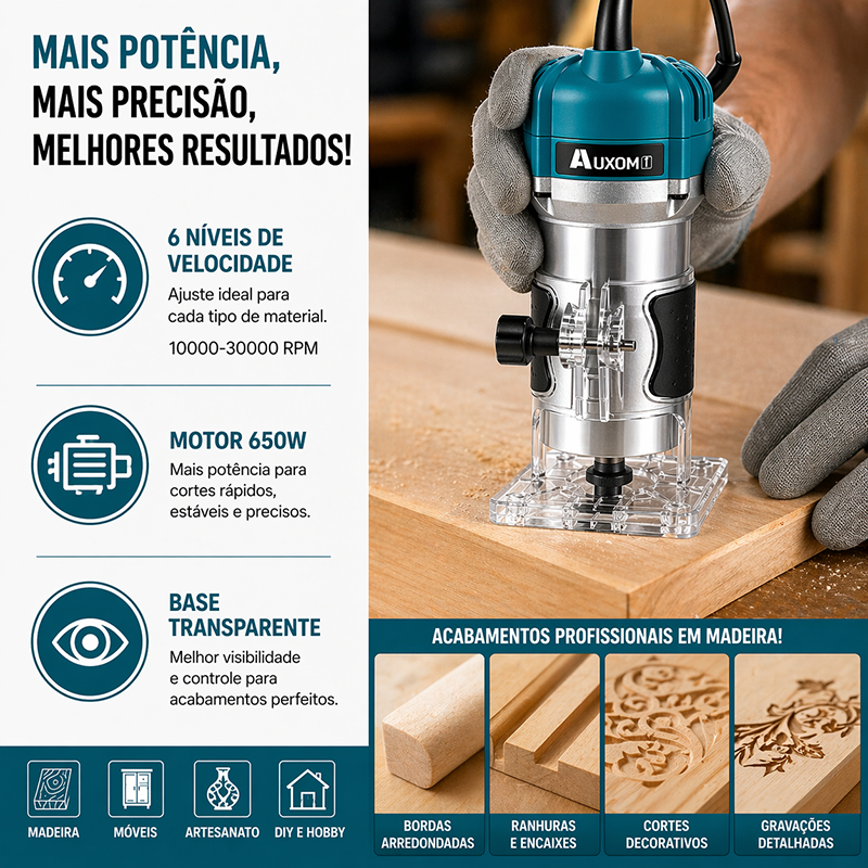 Tupia Elétrica 650W Profissional 6 Velocidades 30000RPM com 15 Fresas Bivolt 110V/220V para Madeira Marcenaria