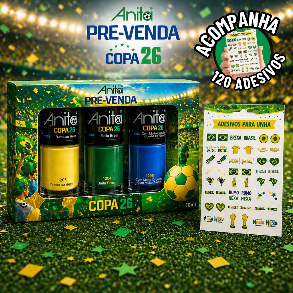 Esmaltes Anita Coleção Copa + Adesivo de Unha + Caixa Personalizada Amarelo Verde Esmalte Lançamento