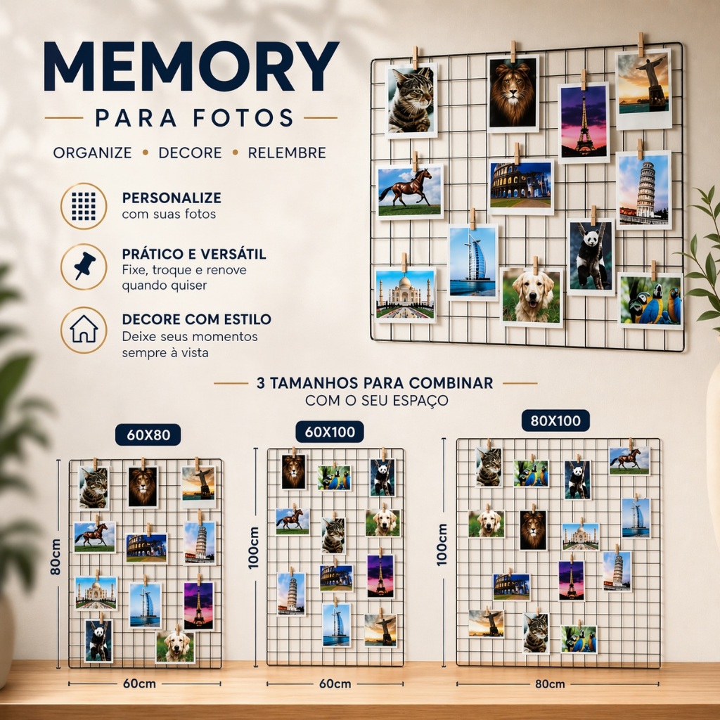 Memory Board Painel De Fotos 20 Mini Prendedores Quadro Recados Tela Aramada 60x80, 60x100 e 80x100