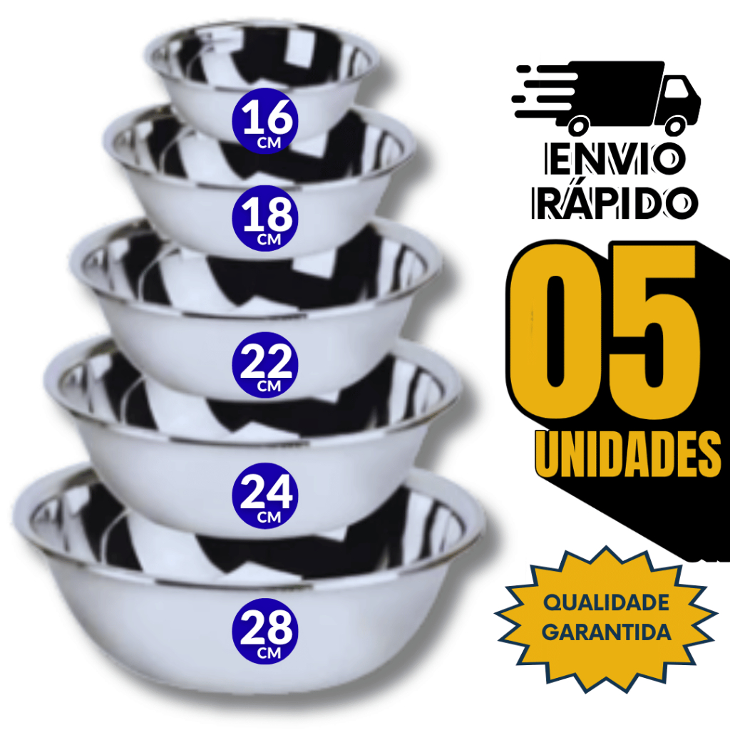Combo Tigelas Bowl Inox 28/24/22/18/16Cm Culinário Massa Saladas Multiuso Cozinha Utensílios