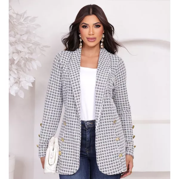 Blazer Feminino Tweed Xadrez Casaco Alongado Elegante Chic Alfaiataria Botões Dourados