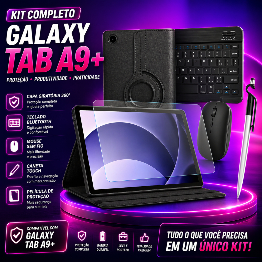 Capa para Tablet A9plus + Teclado Mouse + Película + Caneta