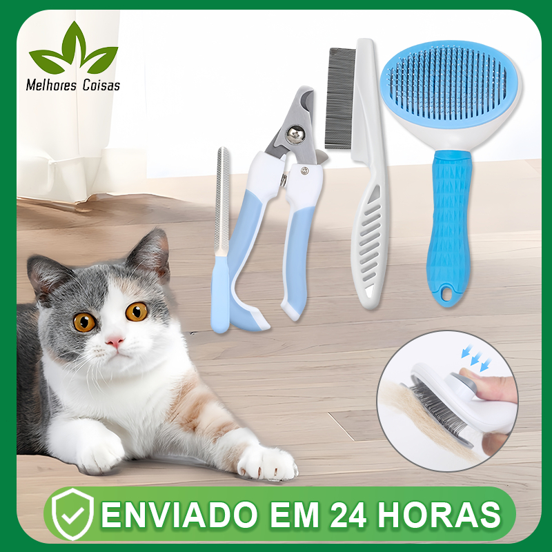 Kit Higiene Pet 4 em 1-Escova Removedora de Pelos + Pente Anti-Pulgas + Cortador e Lixa de Unhas– Ideal Cães e Gatos