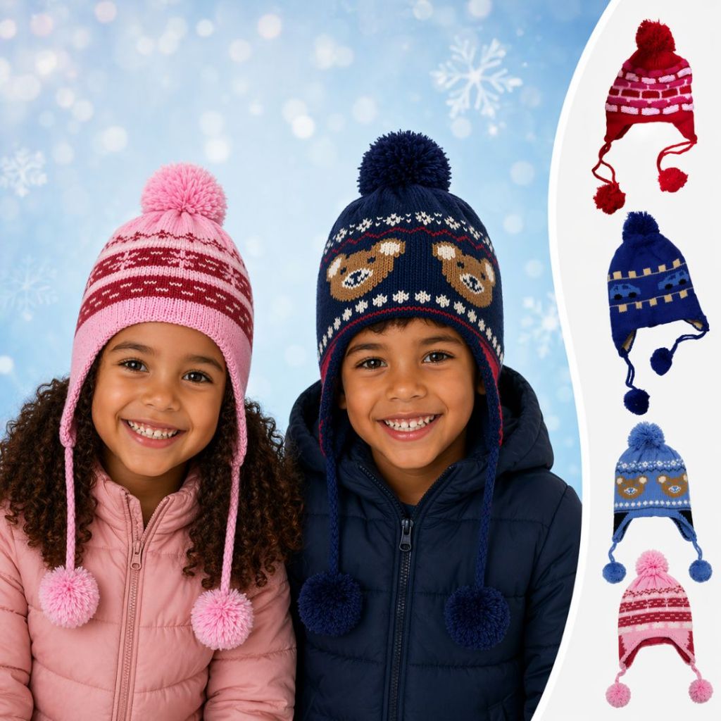 Gorro de Bebê Touca Infantil Gorro Peruano de Lã com protetor de Orelha Pompom 0200