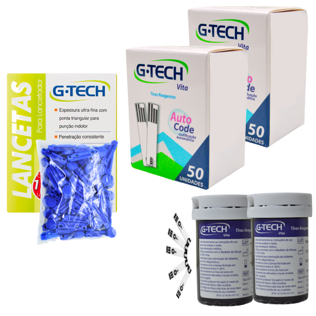 Tiras Fitas Glicose G-Tech Vita 100 Tiras + 150 Lancetas