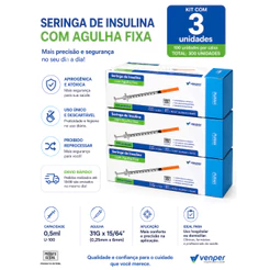 Kit Econômico 300 Seringas Venper 0,5ml U-100 31G | Agulha Fixa | Alta Precisão