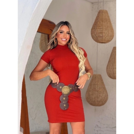 Vestido Gola Alta Manga Curta Canelado Feminino Básico - Outono / Inverno  - TAMANHO ÚNICO 36 AO 42