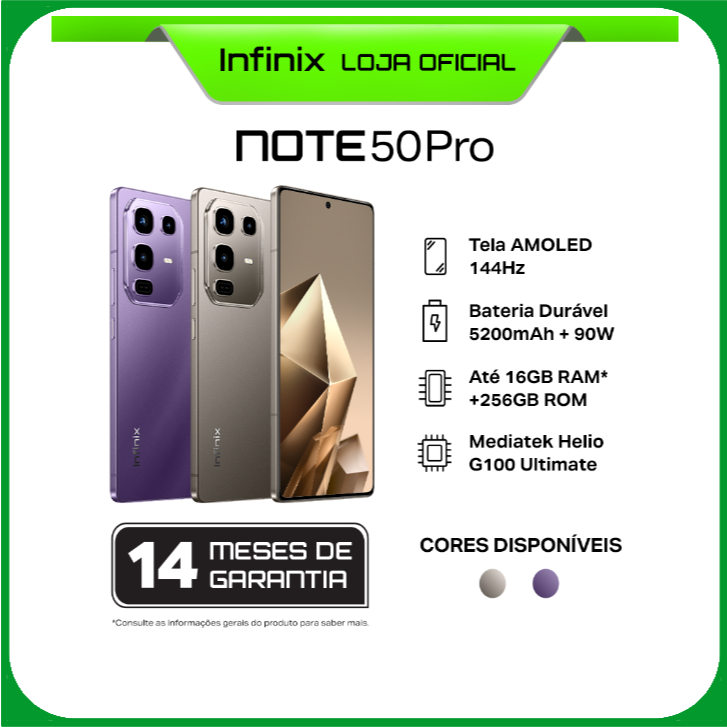 Smartphone Celular Infinix Note 50 Pro 4G 256GB,8GB RAM, Dual SIM, Tela 6,78 polegadas AMOLED 144Hz NFC