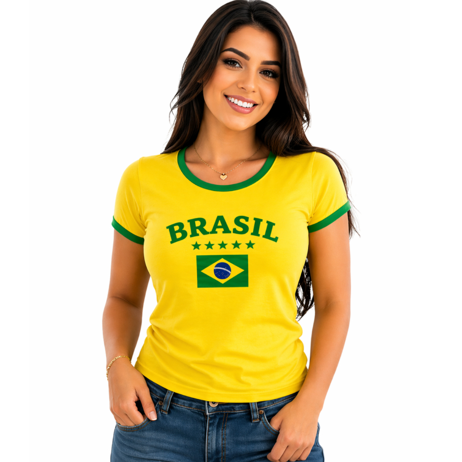 Camiseta do Brasil Feminina Baby Look 100% Algodão Manga Curta Tamanho Único