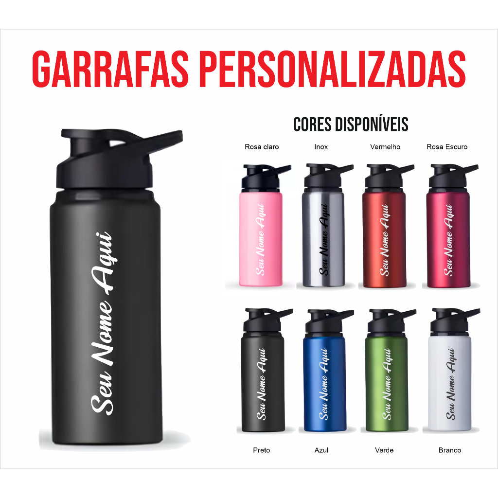 Garrafa Squeeze Alumínio Academia Personalizado Nome 600ml Escola Logotipo Empresa Brinde