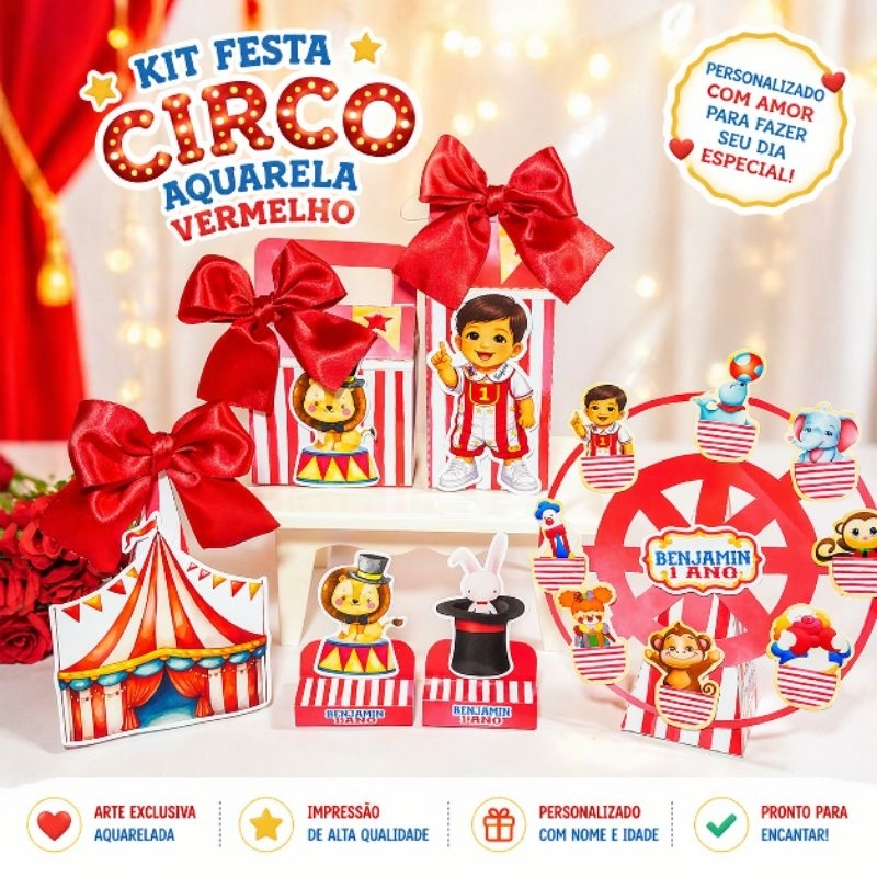 Kit Festa Circo Aquarela Personalizado | Lembrancinha Infantil com Nome e Idade|Kits 20, 30,50 Itens