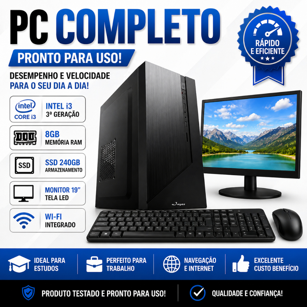 PC Completo Intel i3 8GB SSD 240GB Monitor 19" WiFi – Rápido para Estudos, Trabalho e Internet