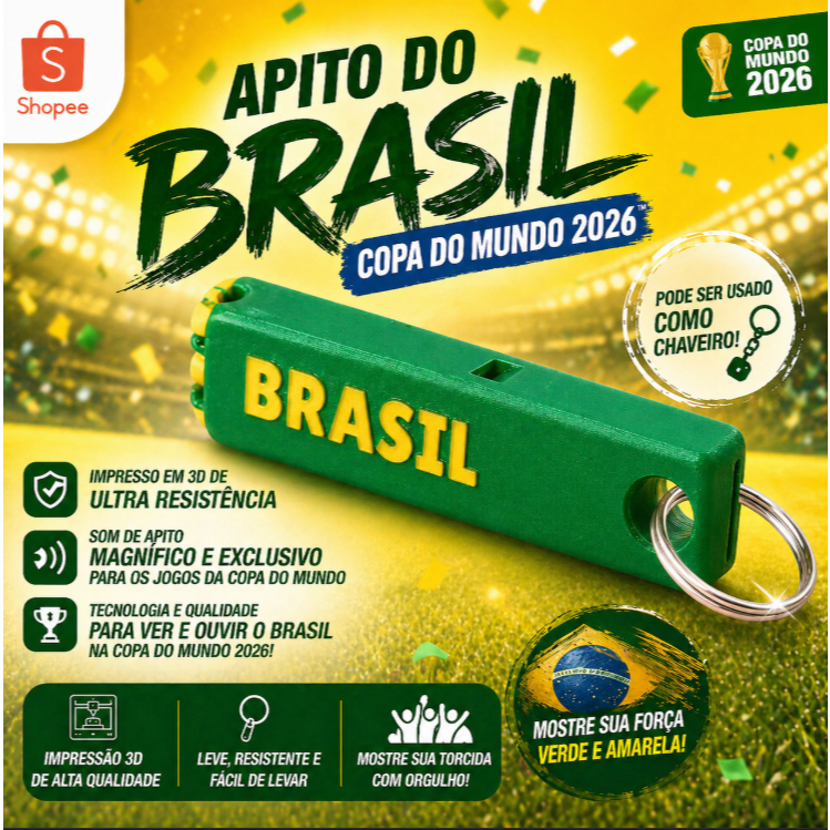 Apito Brasil Copa do Mundo 2026 com Chaveiro | Impressão 3D Ultra Resistente | Som Potente Torcida | Acessório Torcedor