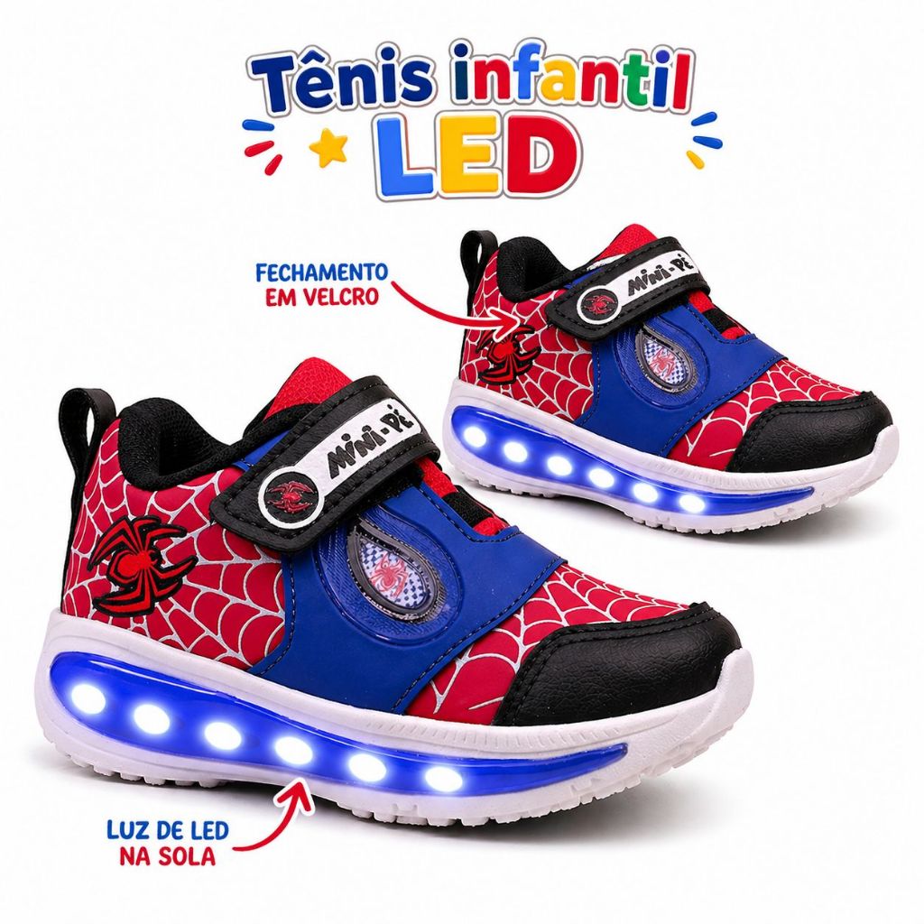 Tenis Infantil Led Tenis Menino Aranha Tenis Masculino Tenis Infantil de Velcro Tenis de Luzinha