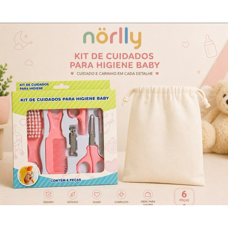 Kit Higiene para Bebê 6 Peças mais Saquinho Organizador Escova Pente Tesoura Lixa e Cortador