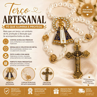 Terço Nossa Senhora Aparecida com Pérolas e Crucifixo Dourado / Prata – Luxo Religioso