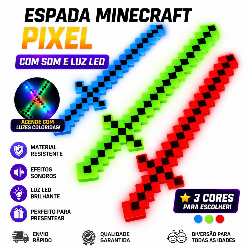 Brinquedo Espada Minecraft Pixel Com Som e Luz Led Gamer Cosplay Presente Infantil Espada Minecraft