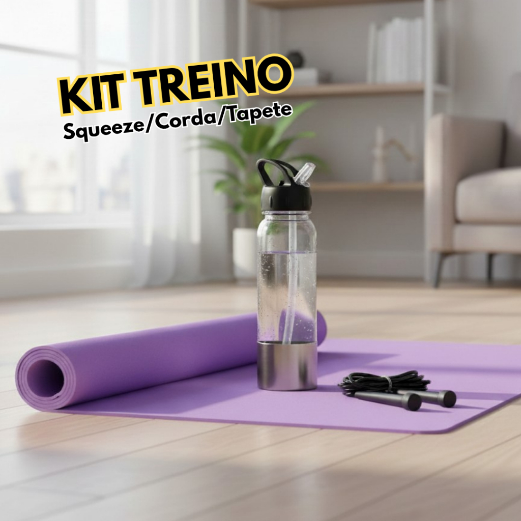 Kit Treino 3 Peças Garrafa 750ml C/ Canudo + Tapete de Yoga Grande + Corda de Pular Fitness Academia