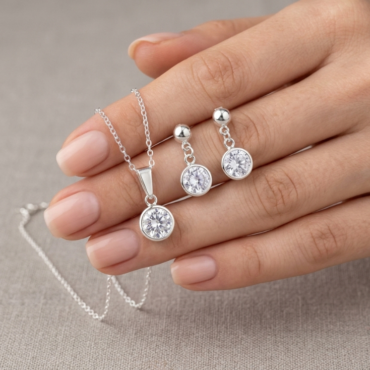 kit Colar + Brinco Ponto Luz Antialérgico Zircônia Banhado a Prata 925