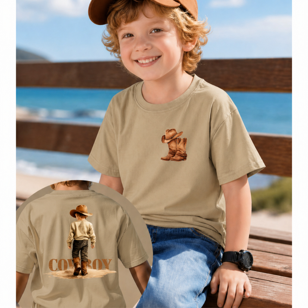 Camiseta Infantil Masculina Menino 100% Algodão Chapéu Bota Cowboy Country Moda Roça Estampada DTF
