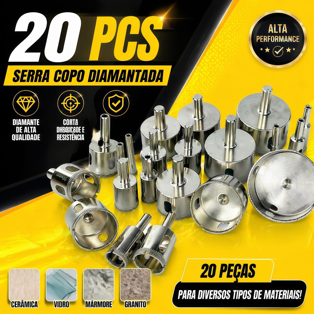 Jogo 15/20 Brocas Diamantadas Serra Copo furar Vidro Granito Ceramica 6 a 50 mm kit ferramentas