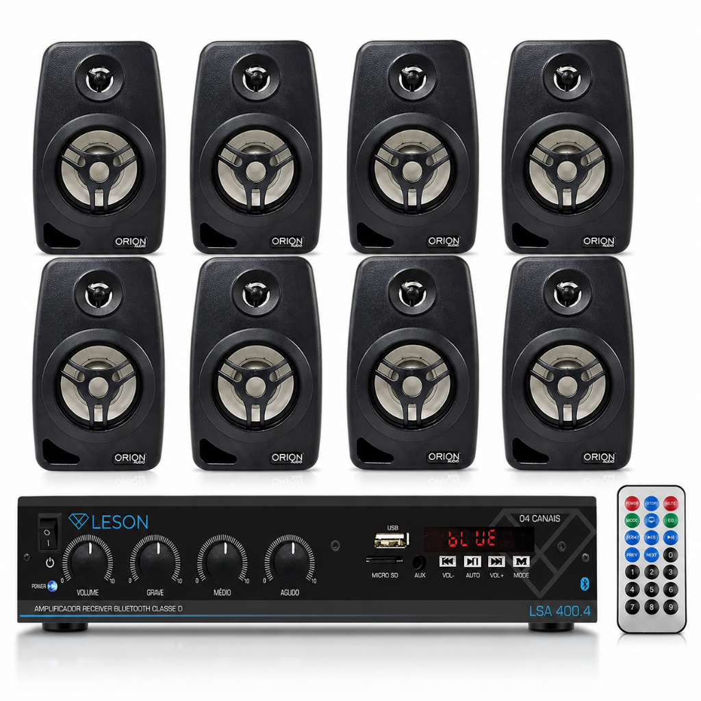 Kit Som Ambiente 8 Caixas 55W + Amplificador 4 Canais Bluetooth USB AUX Le Son | Áudio Profissional Completo