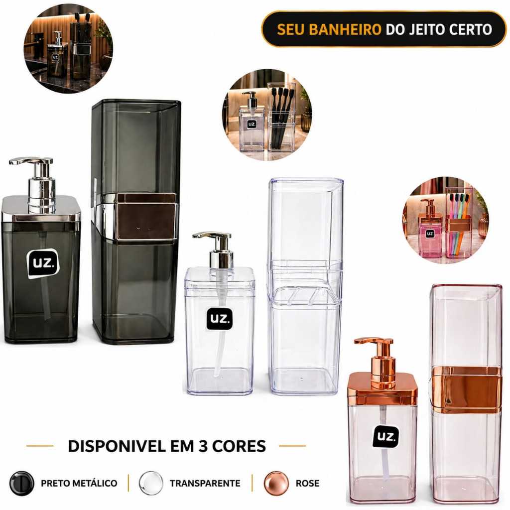 Kit Banheiro 2 Peças Lavabo Porta Escova Porta Sabonete Líquido Organizador Transparente Casa
