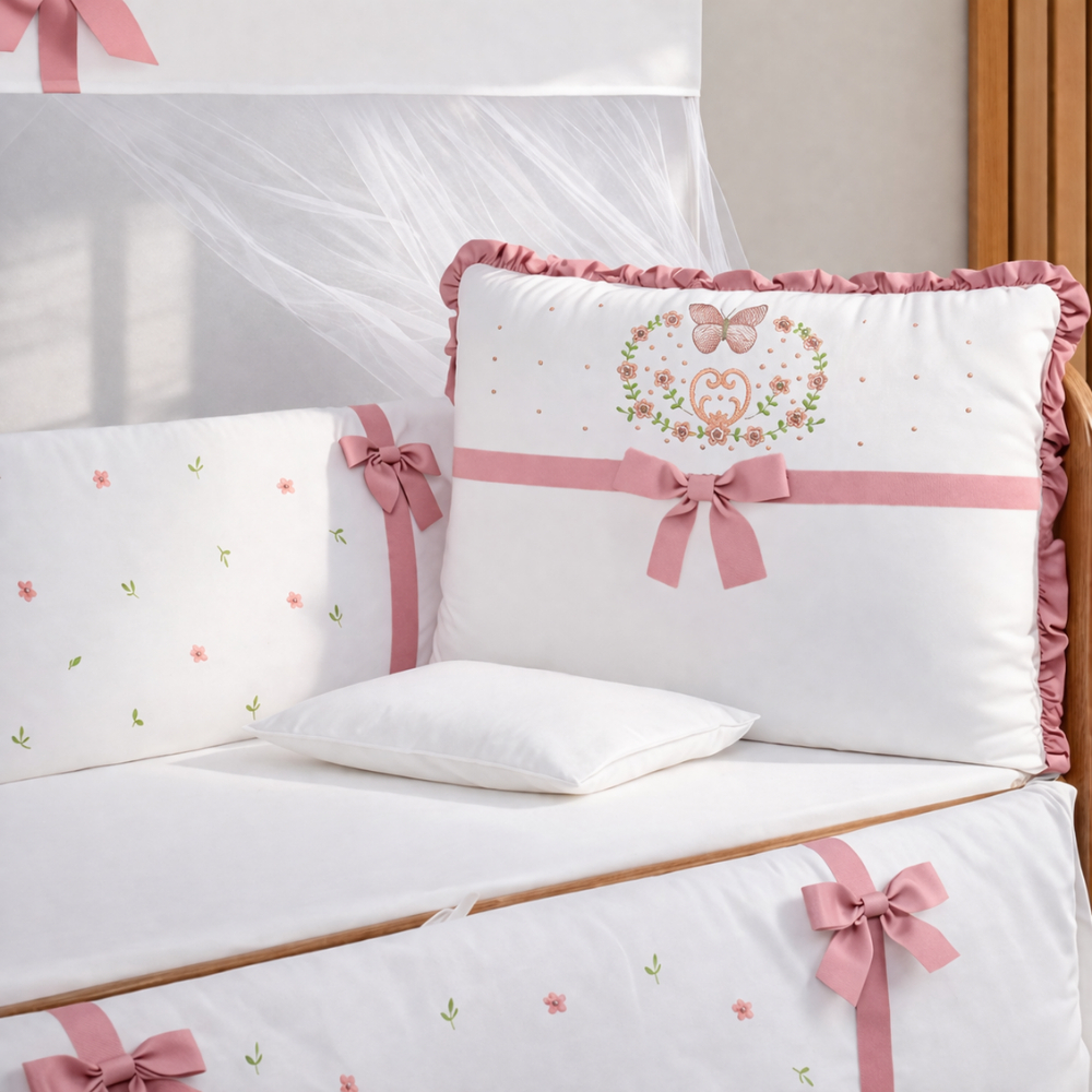 Kit Berço Menina 10 Peças Completo Enxoval Bebê Rose Laço Protetor Berço Algodão