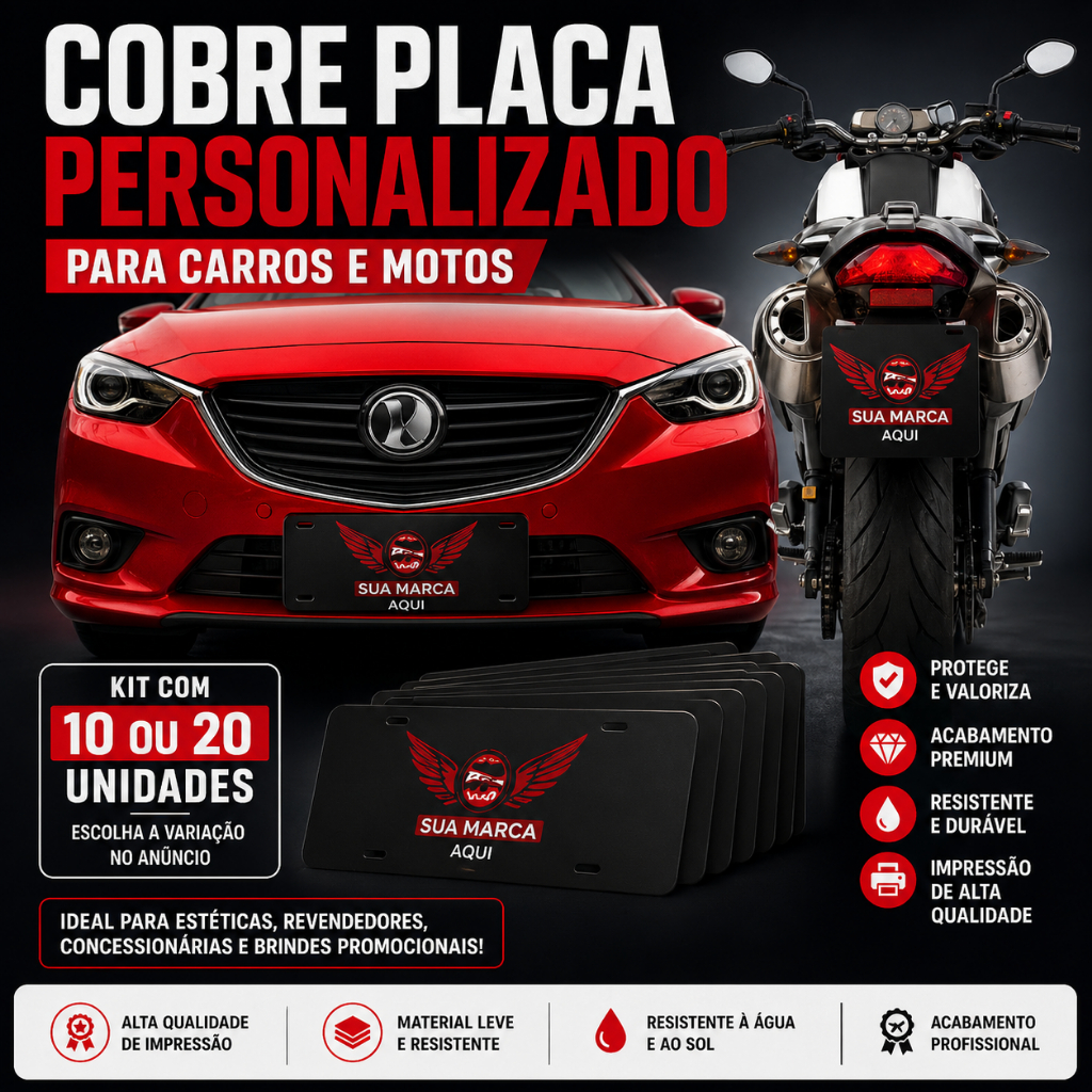 Kit Cobre Placa Personalizado Carro e Moto | 10 ou 20 Unidades | PVC Premium 0,75mm | Estética Automotiva