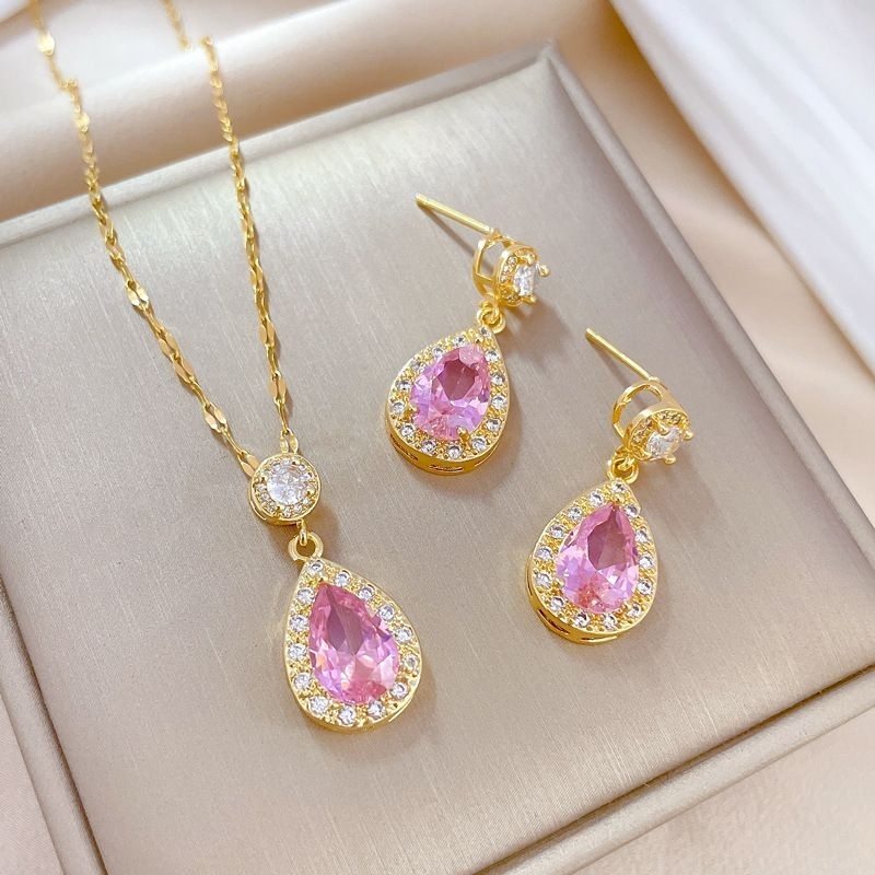 Conjunto Colar E Brinco Feminino Gota Rosa Zircônia Folheado A Ouro 18k Aço Inoxidável Não Escurece Antialérgico Luxo