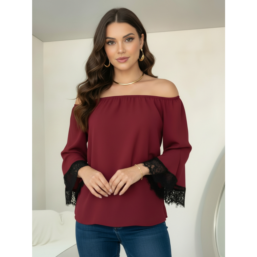 Blusa Bata Ombro a Ombro Feminina Manga Longa Flare Com Renda Decote Reto Ciganinha