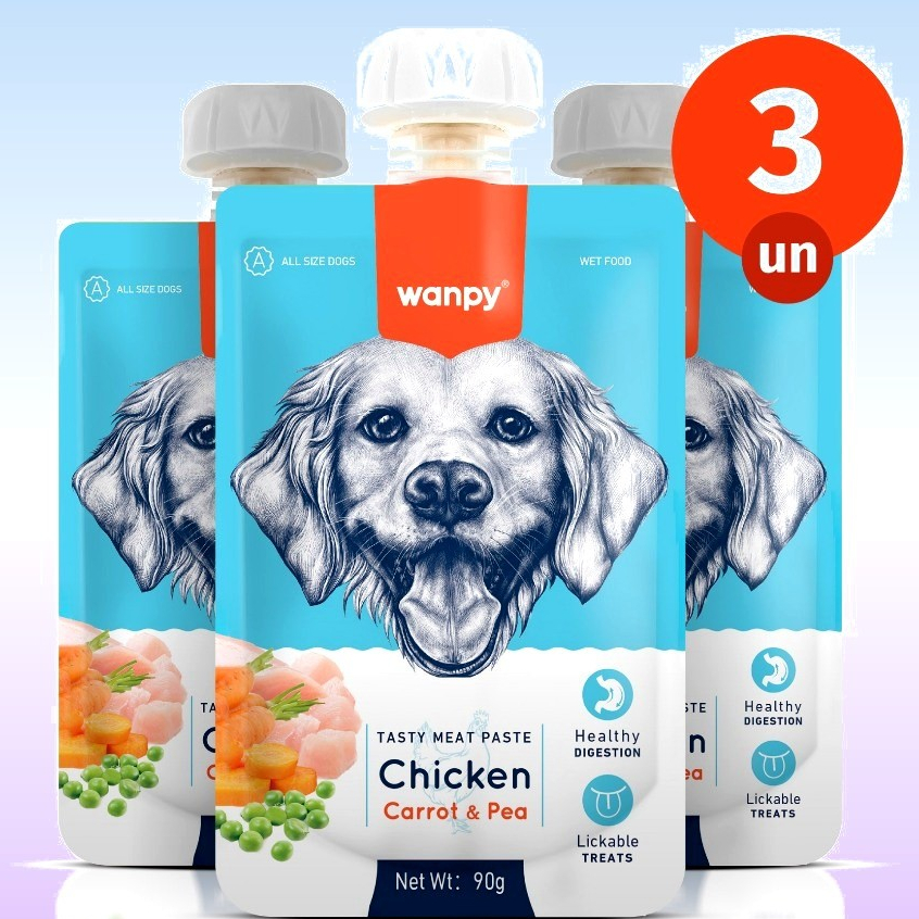 Kit 3 Petisco Truly Wanpy Creamy Sachê para Cães Frango, Cenoura e Ervilha 90 G