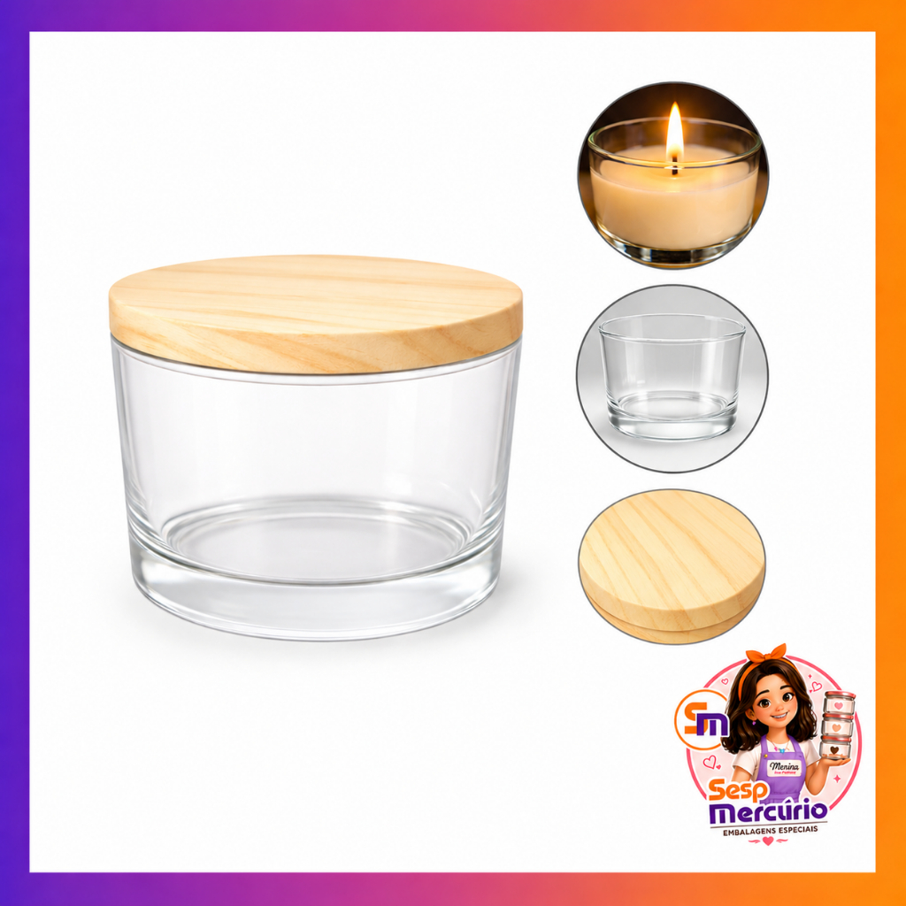 Kit 20 Potes de Vidro para Velas 150ml Tampas Madeira Lembrancinha Aniversários Nadir Figueiredo