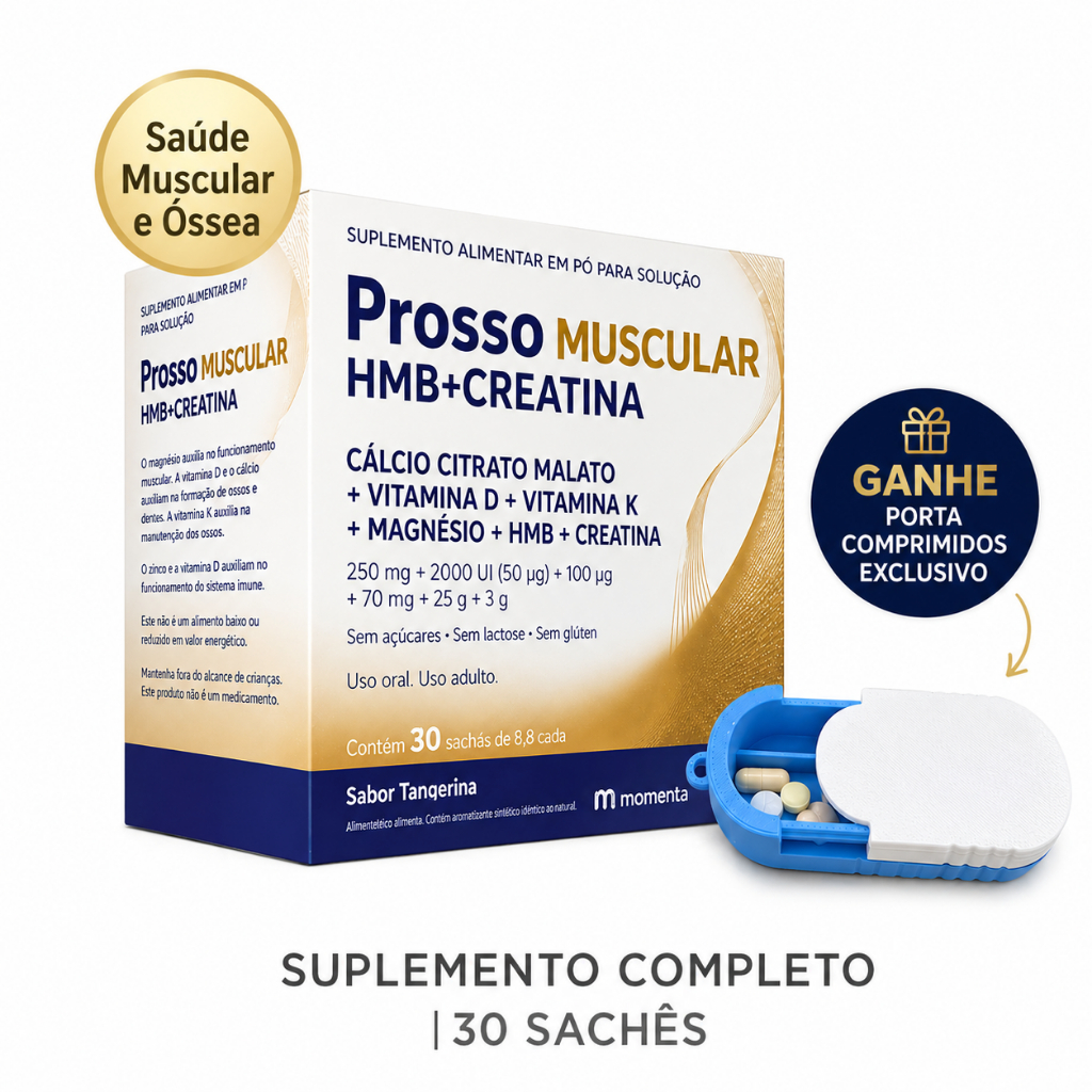 Prosso Muscular 30 Sachês HMB Creatina Cálcio Vit D Magnésio + Porta Comprimidos