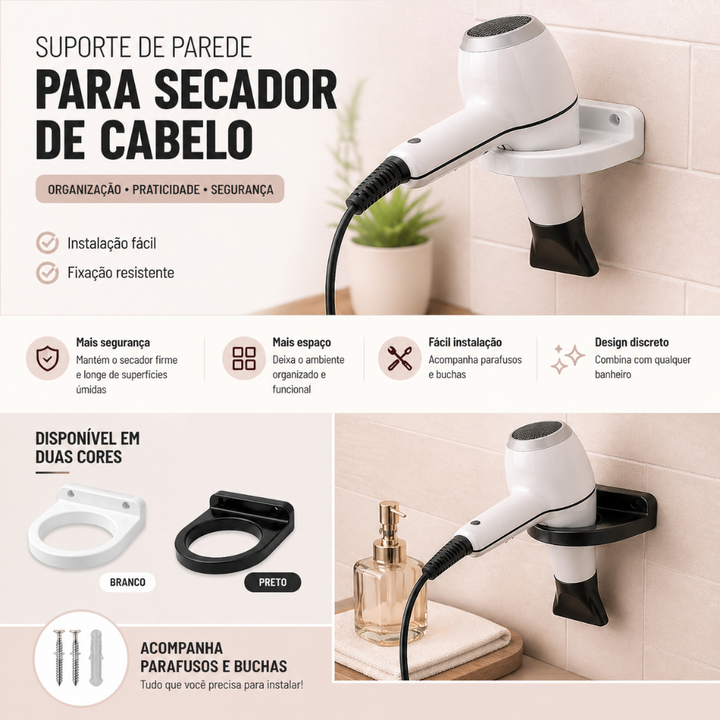 Suporte de Parede para Secador de Cabelo Universal | Organizador Banheiro Resistente + Fácil Instalação