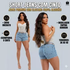 Shorts Jeans Curto Feminino Cintura Alta Com Cinto Jeans Sem Elastano Lançamento Verão Envio Imediato 36 ao 48